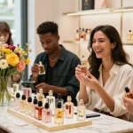 Social scene of diverse individuals enjoying affordable perfumes in a boutique store.