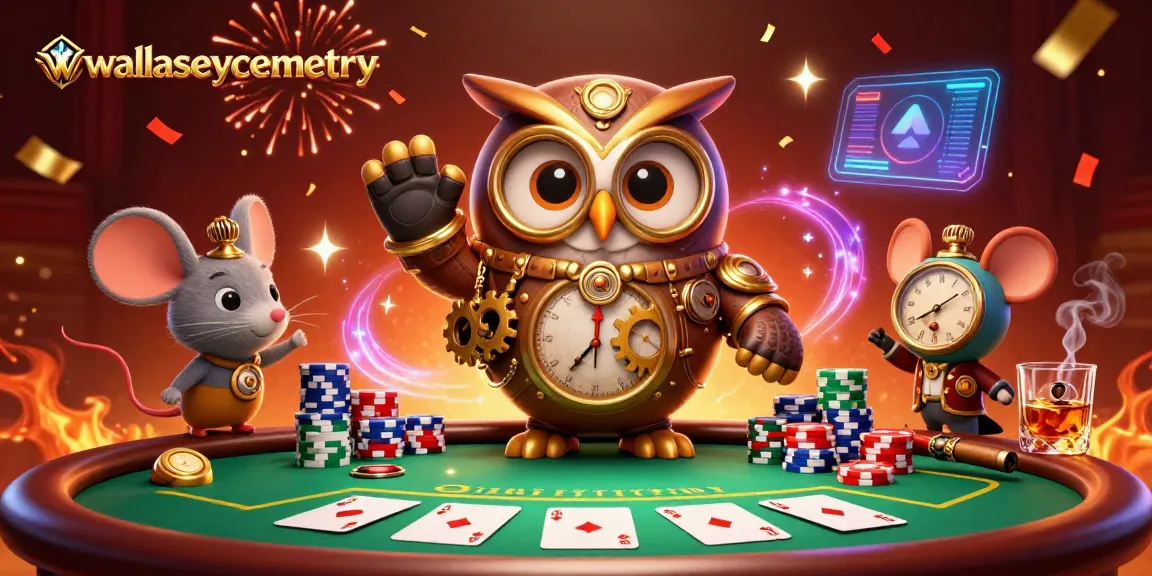 Engage with vibrant gambling action at wallaseycemetery featuring a steampunk owl and poker elements.