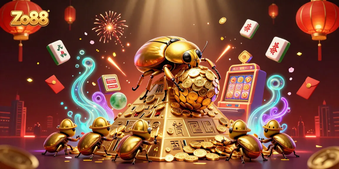 Experience thrilling casino excitement with Zo88's vibrant 3D illustration showcasing ancient symbols and golden treasures.