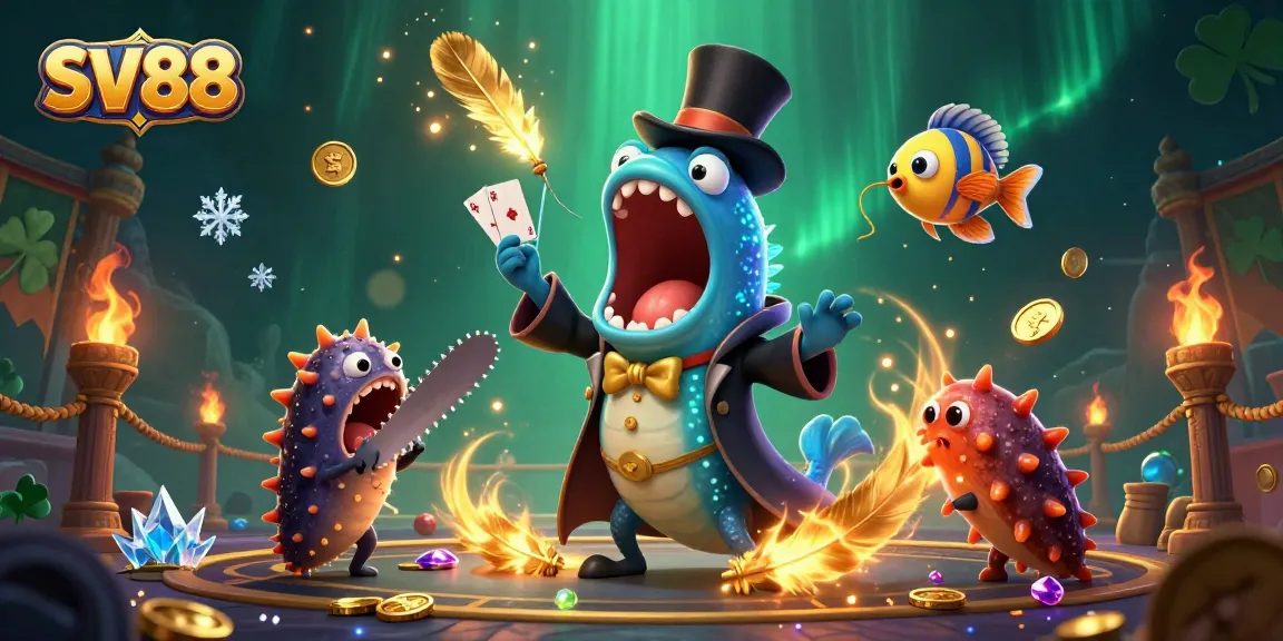 SV88 illustratively depicts a vibrant casino magic act with deep-sea characters and gold tokens.