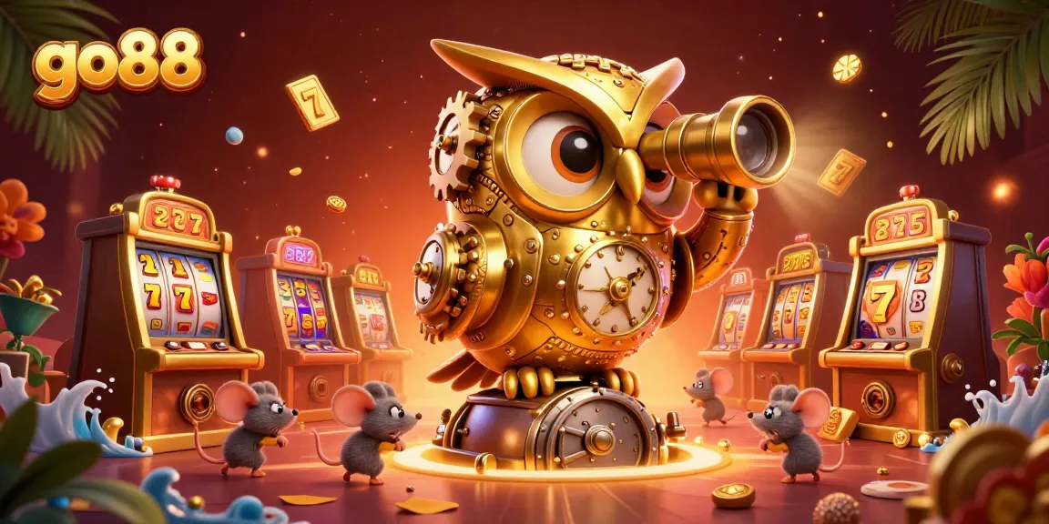 Engage with go88's vibrant casino scene featuring a golden owl, lucky symbols, and dynamic game action.