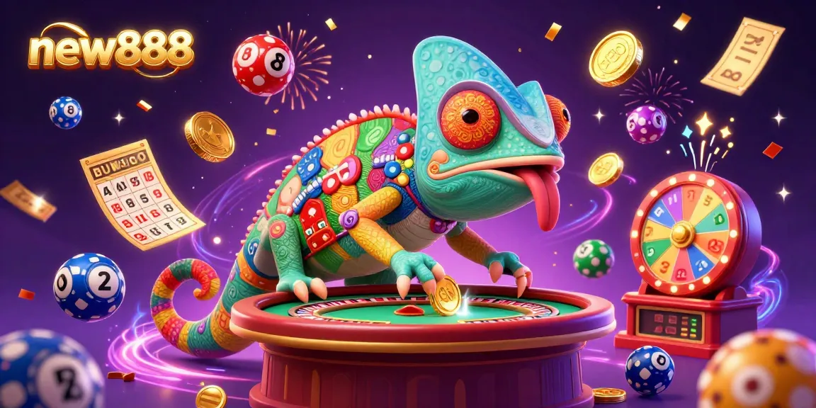 Engage with new888 through a vibrant casino scene featuring a colorful chameleon character surrounded by lottery elements.