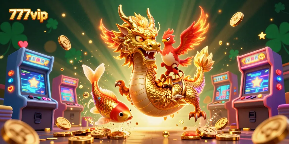 Engage in thrilling gameplay at 777vip, featuring a stunning golden dragon, vibrant games, and lucky symbols.