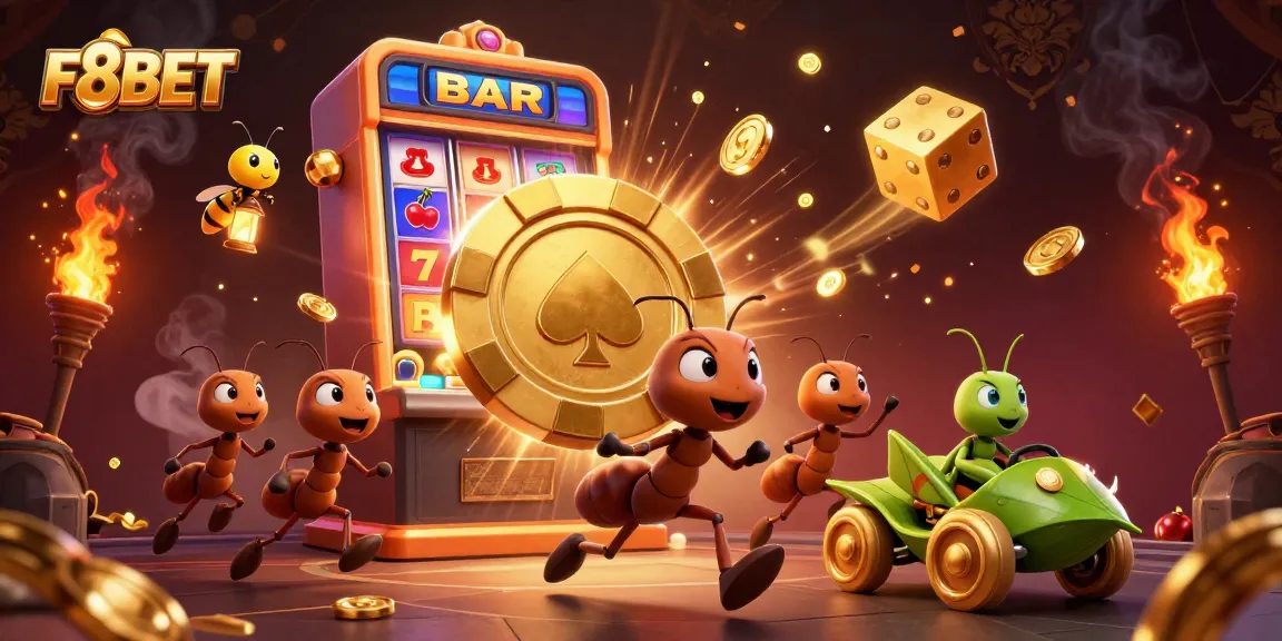 Experience thrilling gameplay at F8BET as ants pull a golden poker chip through a colorful casino landscape.