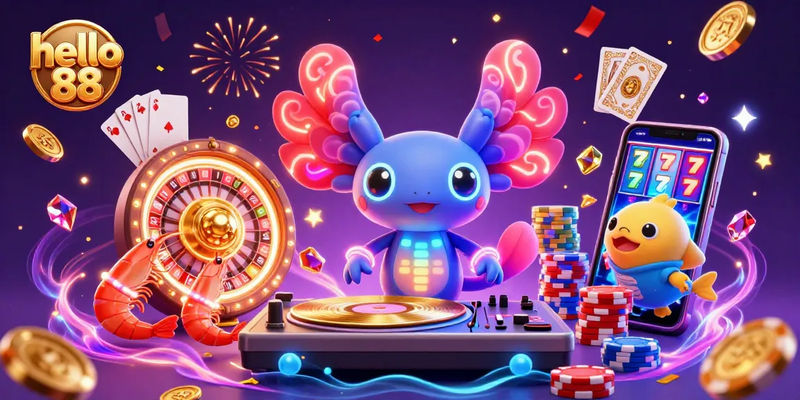 Experience thrilling gameplay with hello 88 as axolotl DJ spins tracks, surrounded by vibrant casino elements.