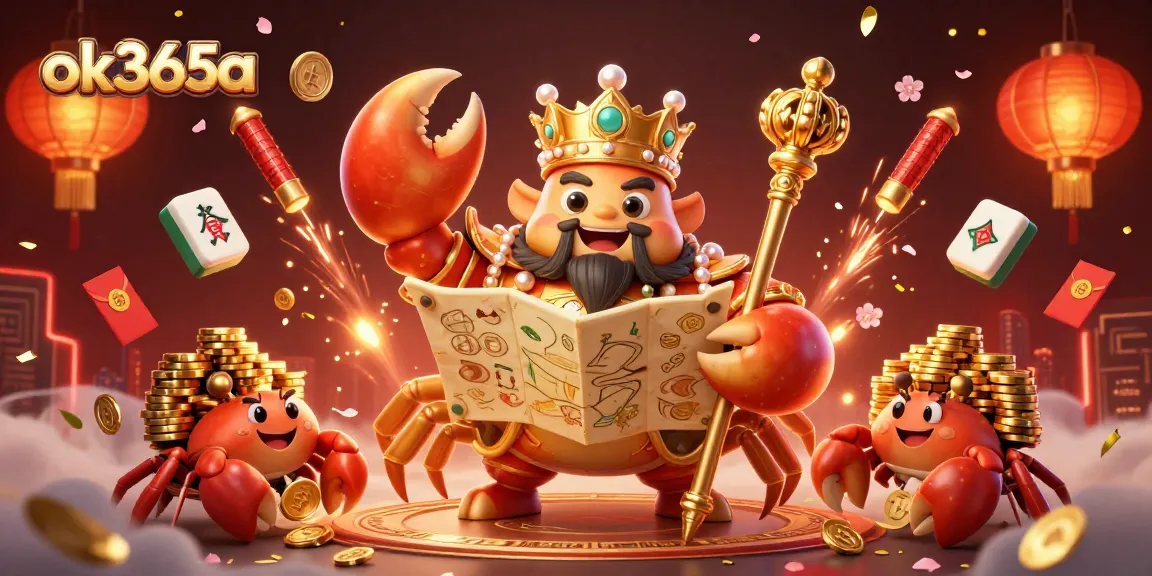 Experience the vibrant world of ok365a with the golden crab emperor amidst a festive gambling scene.