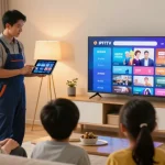 Professional contractor showcasing IPTV service installation in a comfortable living room.
