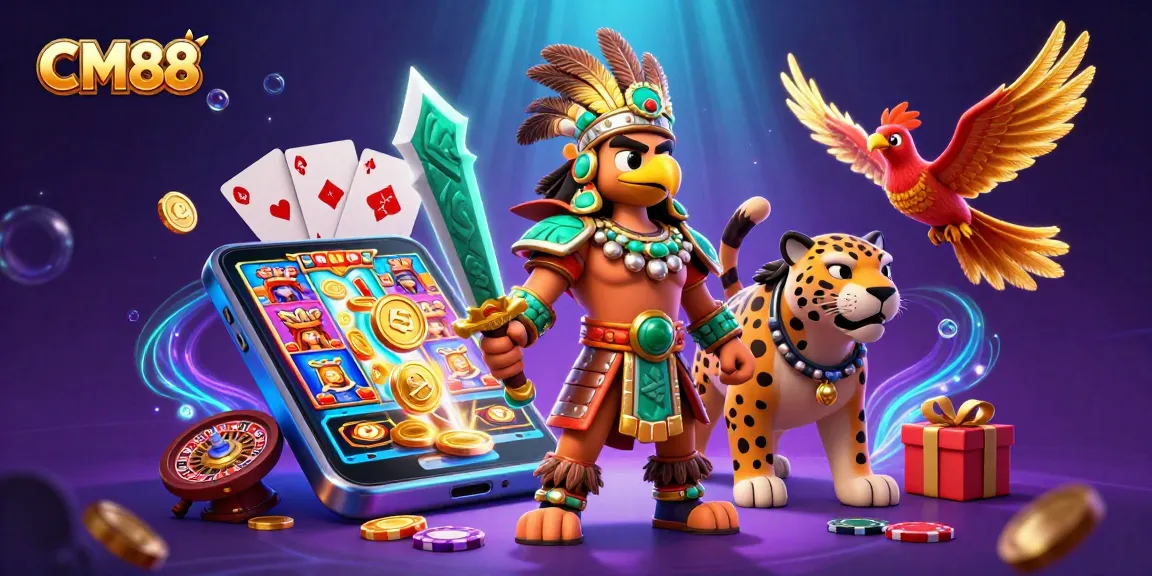 Experience the thrill of CM88 with Aztec warriors and vibrant casino elements in this dynamic 3D scene.