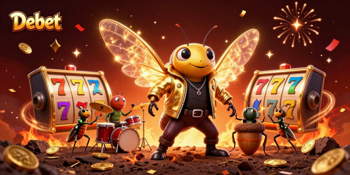 Experience the thrill of Debet with a vibrant casino scene featuring a cicada rock star and dynamic slot elements.