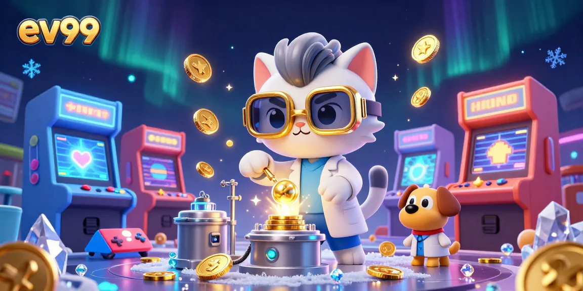 Engage with ev99 through a vibrant casino-themed 3D illustration featuring exciting game elements and characters.