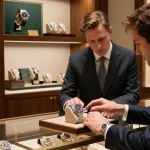 Showcasing a Rolex replica in a luxurious watch shop setting, emphasizing premium craftsmanship.