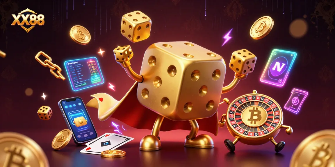 Experience thrilling gameplay at XX88 with a dynamic 3D casino scene featuring golden dice and crypto elements.