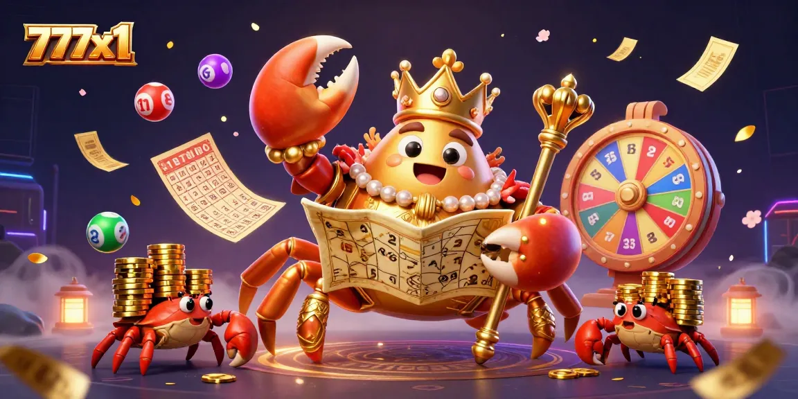 Experience vibrant gambling excitement with 777x1, featuring a golden crab emperor amidst colorful lottery elements.