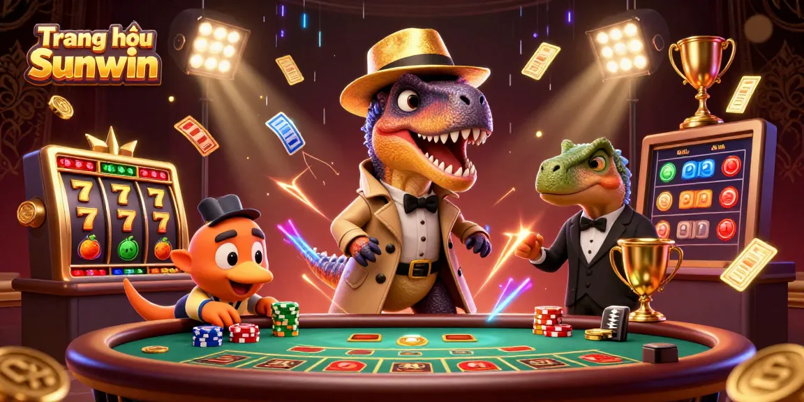 Engage with the thrilling action of Trang chủ Sunwin at the blackjack table featuring a velociraptor card counter and vibrant casino elements.