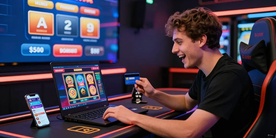 A player immersed in exciting gameplay at credit card casino sites, engaging with vibrant slot games on a laptop.