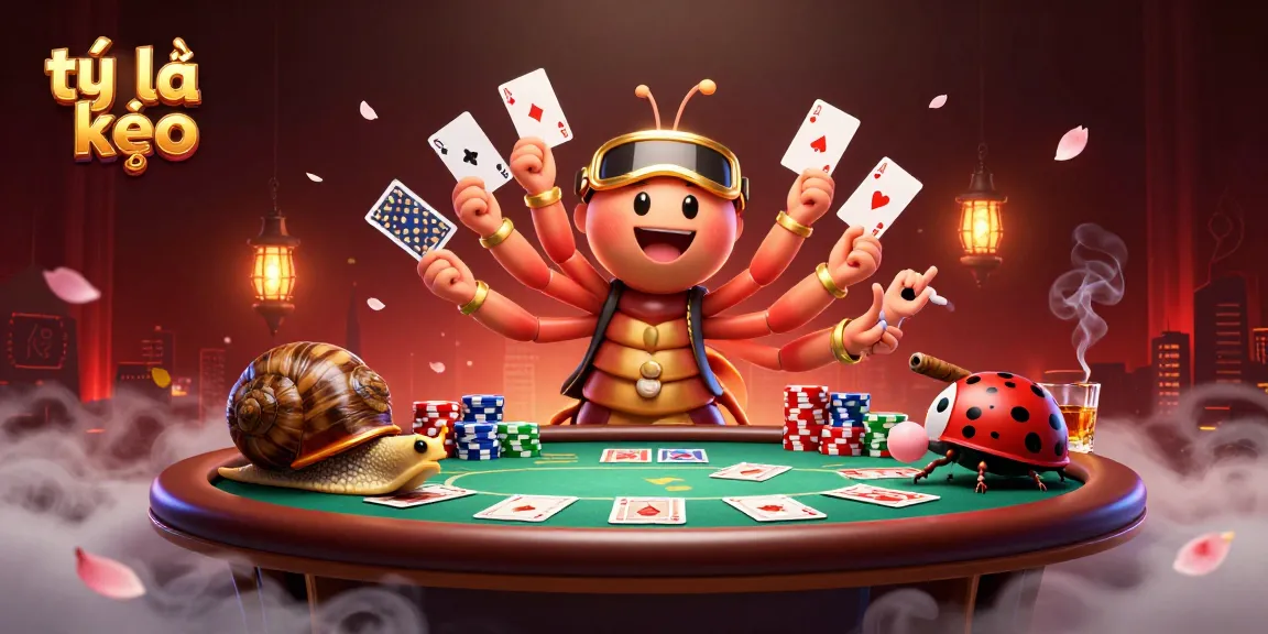 Engaging scene of tỷ lệ kèo with a millipede dealer holding cards, snail high-roller, and pill bug excitement.