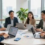 Collaborative team discussing bolt ons business solutions in a modern office.