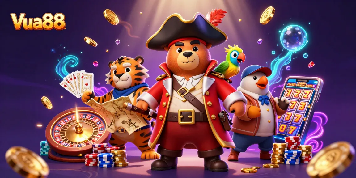 Vua88 brings excitement with a pirate bear, tiger first mate, and treasure map in a vibrant casino scene.