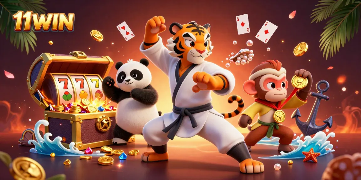 Join the adventure in 11WIN casino as the kung fu tiger guardian watches over slot games and treasures.