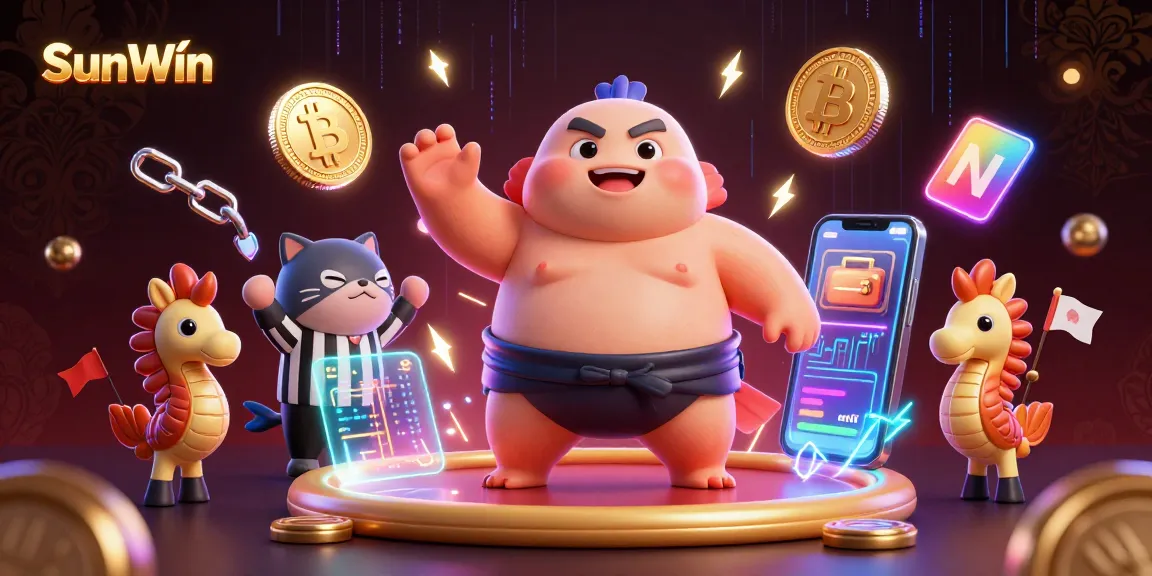 Experience thrilling action at SunWin with a cartoon fugu sumo wrestler in a vibrant casino underwater scene.