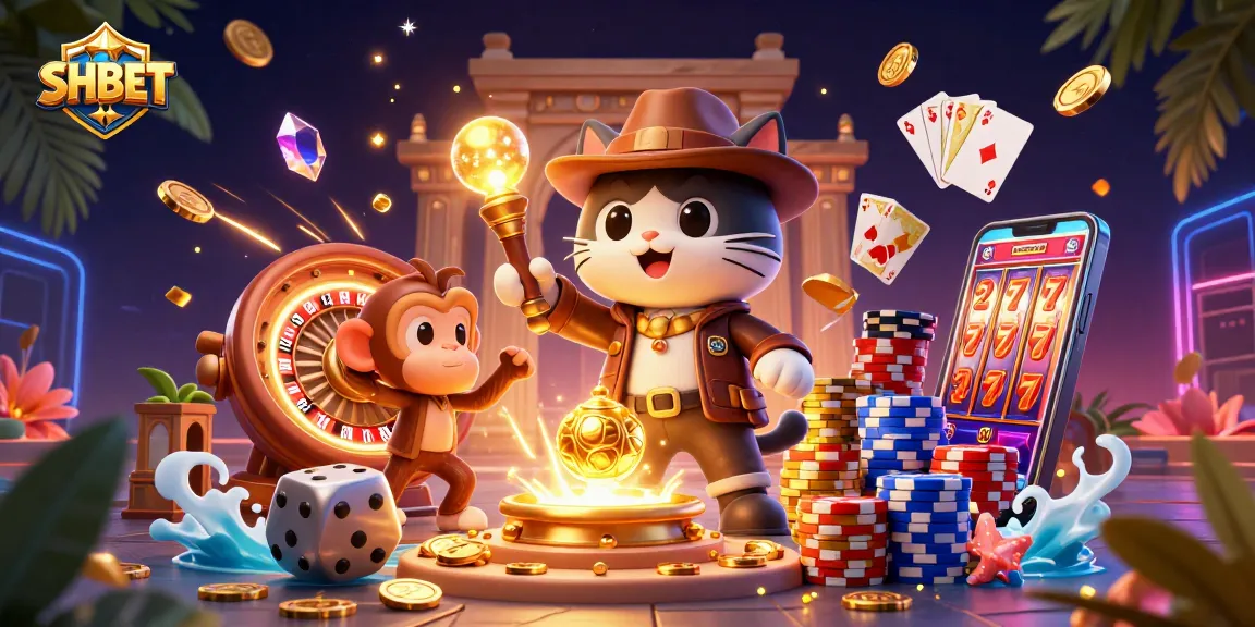 Experience SHBET's thrilling casino adventure with an explorer and monkey revealing treasure amidst dynamic gaming elements.