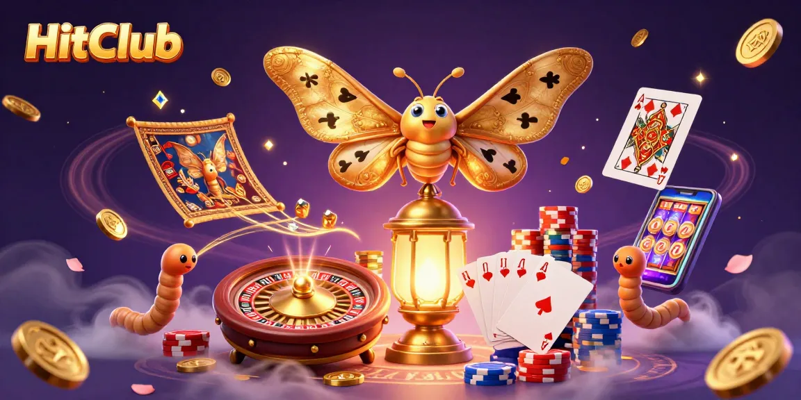 HitClub showcases a vibrant scene with a cartoon moth surrounded by casino elements like cards, coins, and gems.