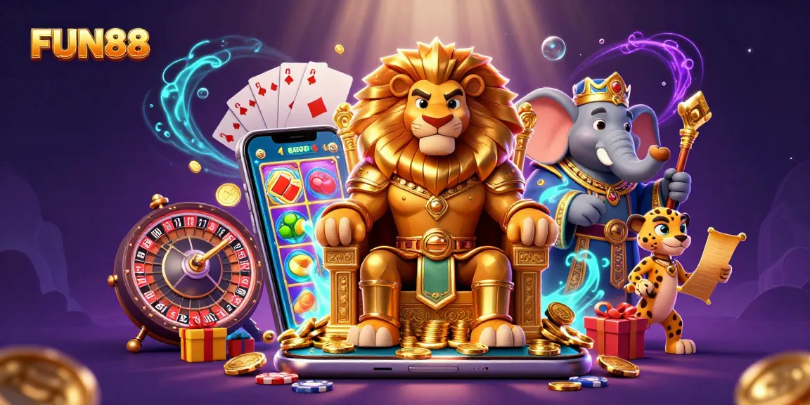 Experience FUN88 with a vibrant casino scene featuring a lion king, elephant advisor, and cheetah messenger.