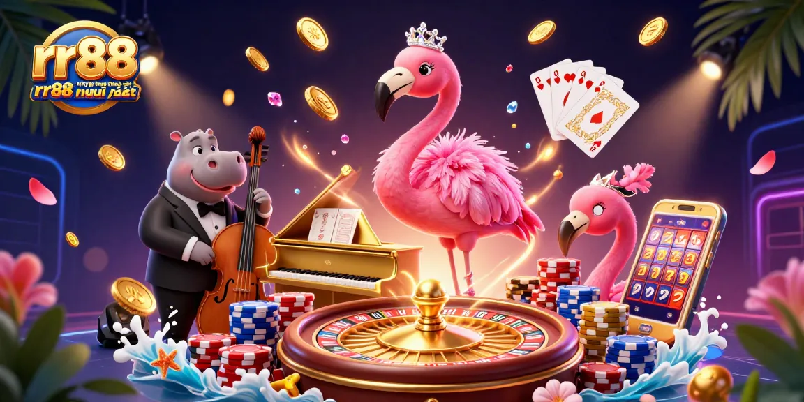 Play and win with rr88 - truy cập trang chủ nhà cái rr88 mới nhất, featuring colorful casino elements and lively characters.
