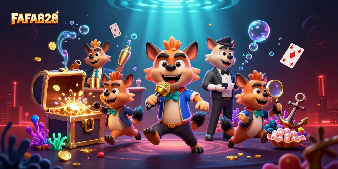 FAFA828 hyena-themed casino illustration showcasing vibrant characters in a lively gaming environment.