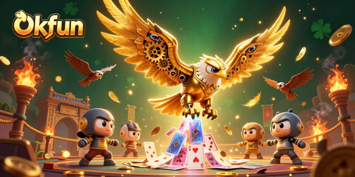 Engage in thrilling gameplay at Okfun, featuring a cybernetic eagle among holographic playing cards.